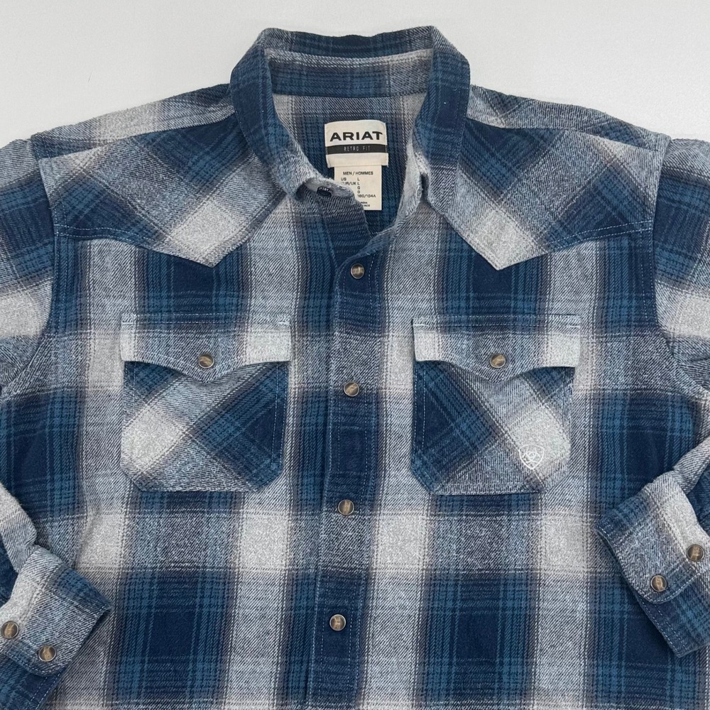 Ariat Halston Retro Snap LS Shirt Mens Large Blue Grey Plaid Western Flannel L
